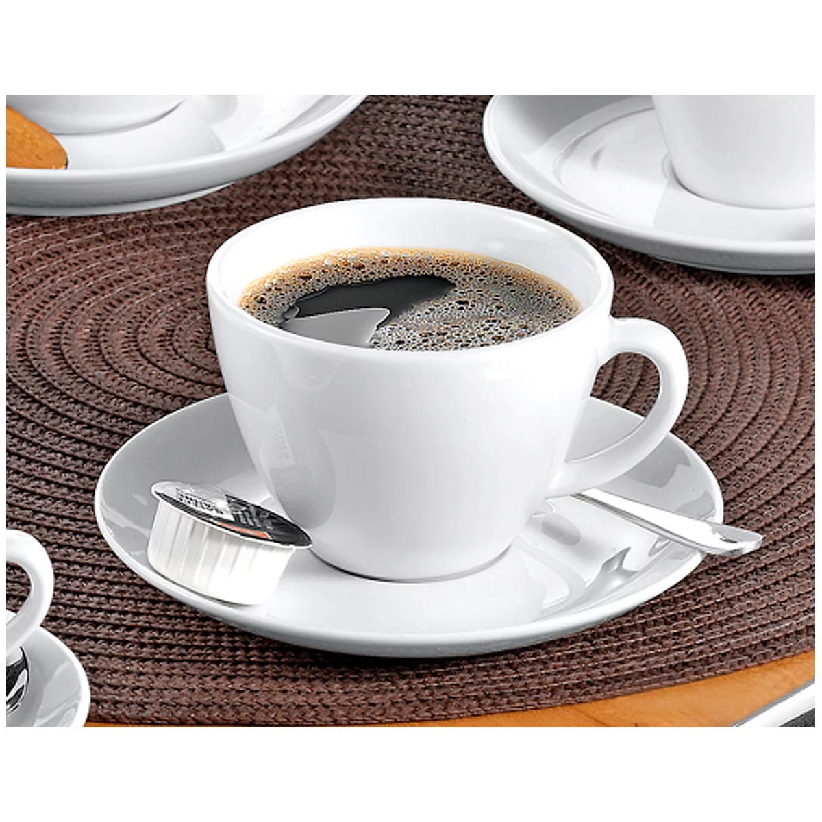 Koffie kopjes set BISTRO, 6 kopjes &amp; schotels, elk 0,2 l, H 65 mm, porselein, wit, 6 kopjes &amp; schotels, elk 0,2 l.