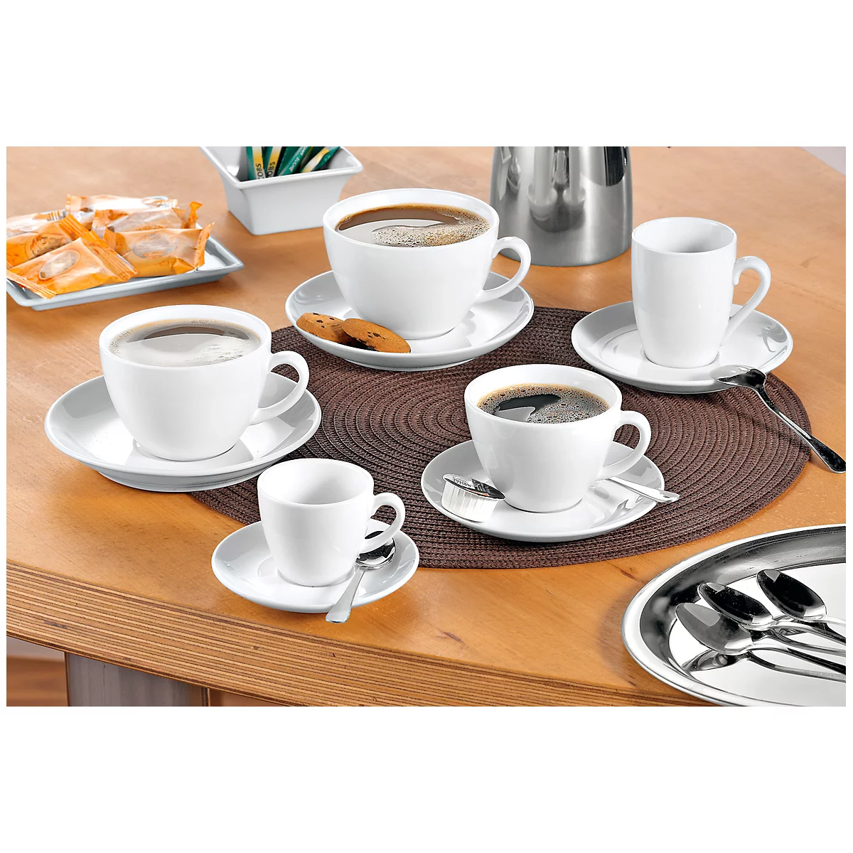 Koffie kopjes set BISTRO, 6 kopjes &amp; schotels, elk 0,2 l, H 65 mm, porselein, wit, 6 kopjes &amp; schotels, elk 0,2 l.
