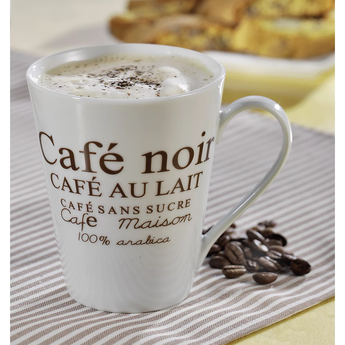 Koffiemokken set FAKT, 6 kopjes, elk 0,25 l, porselein, wit met bruine decoratieve print, 6 kopjes, porselein, wit met bruine decoratieve opdruk