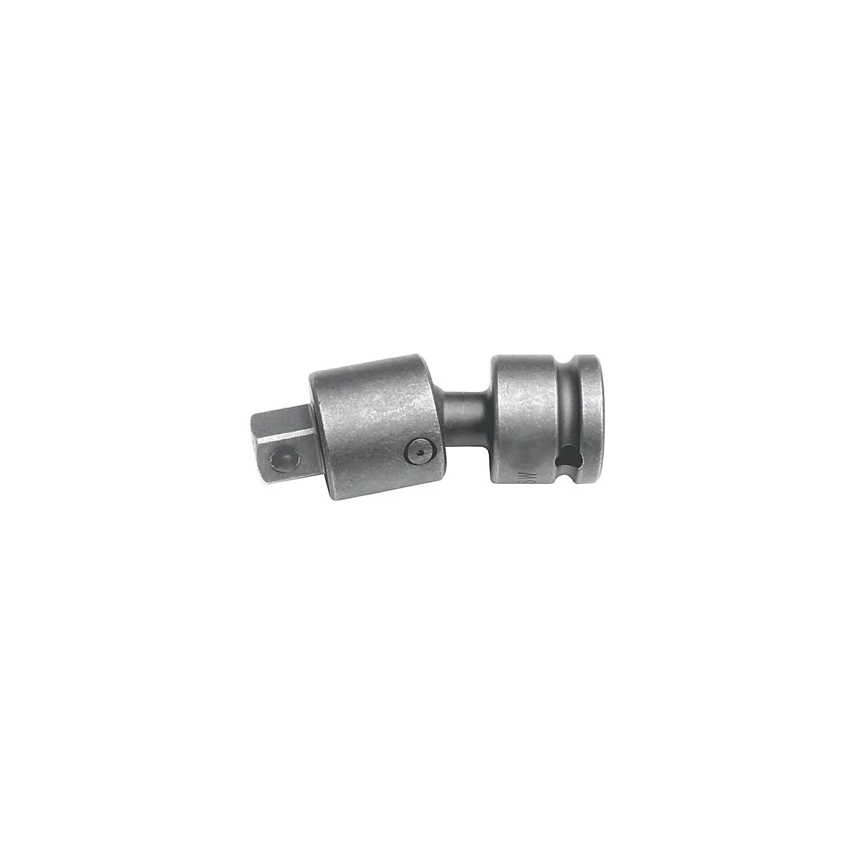 Metal scharnierconnector. Eén uiteinde is vierkant, het andere heeft een uitsparing met gravure.