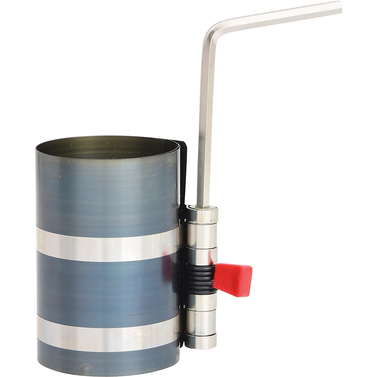 Kolbenring-Spannwerkzeug, blau und silber, mit rotem Hebel.