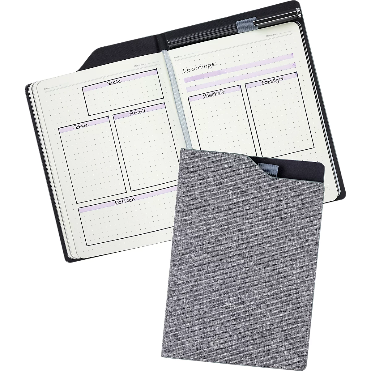 KOLMA carnet de notes A5, en RPET, 80 feuilles, 80 g/m², à pois, avec porte-stylo, gris/noir
