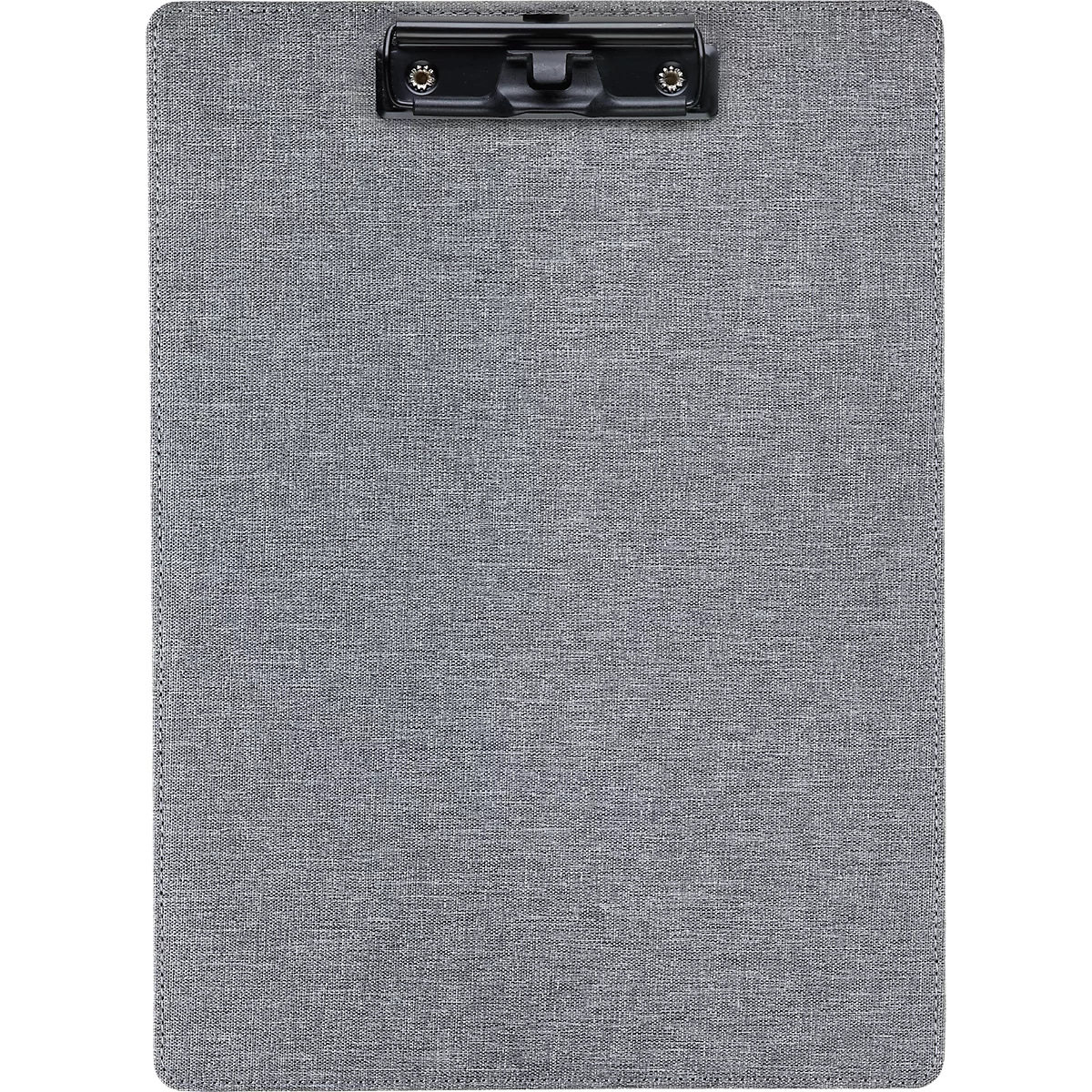 Gray clipboard with a black clip mechanism. The surface has a fabric structure.