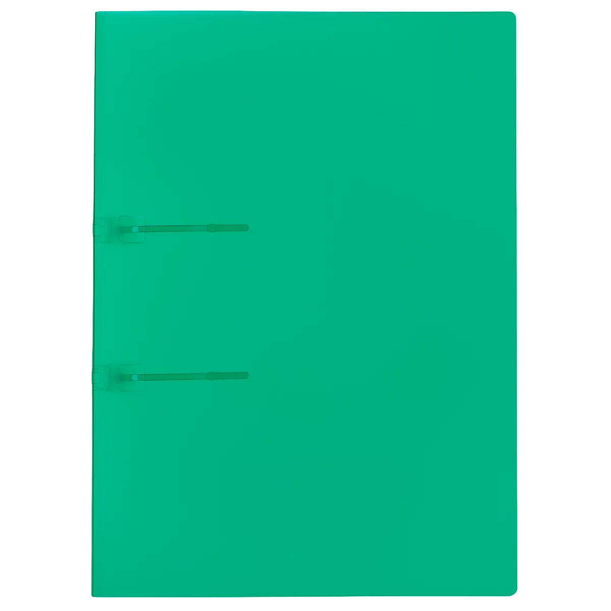 A green binder with two metal clips.
