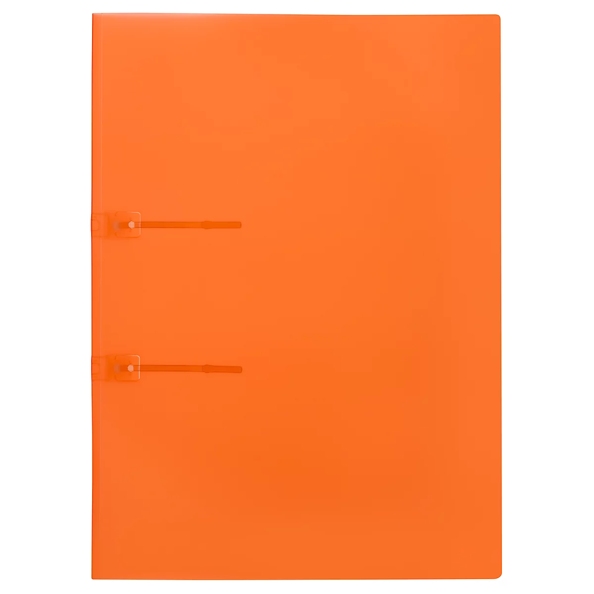 An orange file folder, front view. Two silver clips for closing.