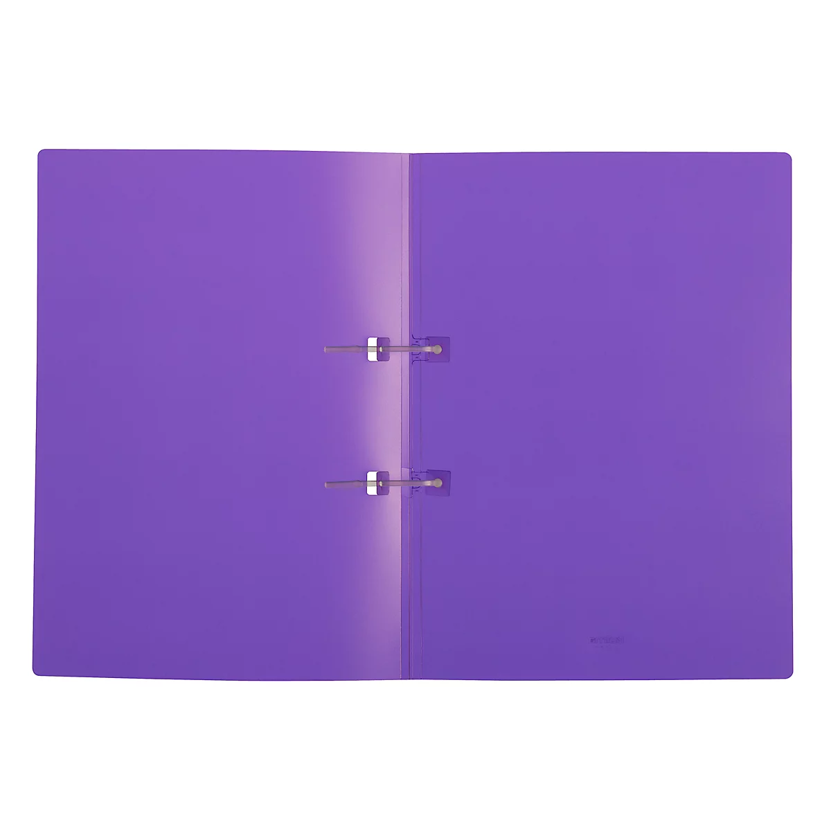 Open, purple folder with metal clips. On a white background.