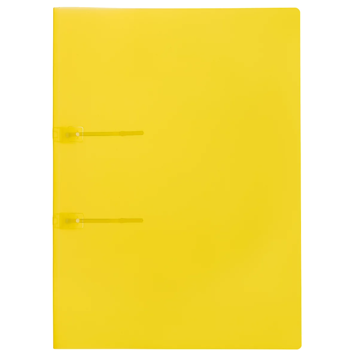 Yellow binder with two metal clasps on a white background.
