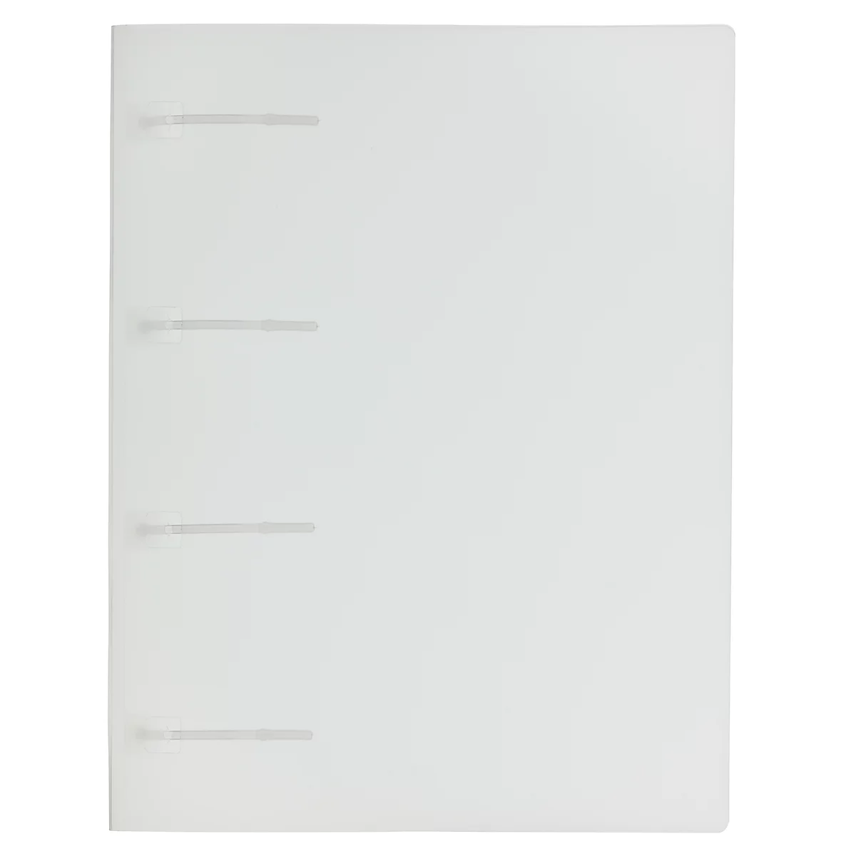 White binder with four metal brackets, front view.