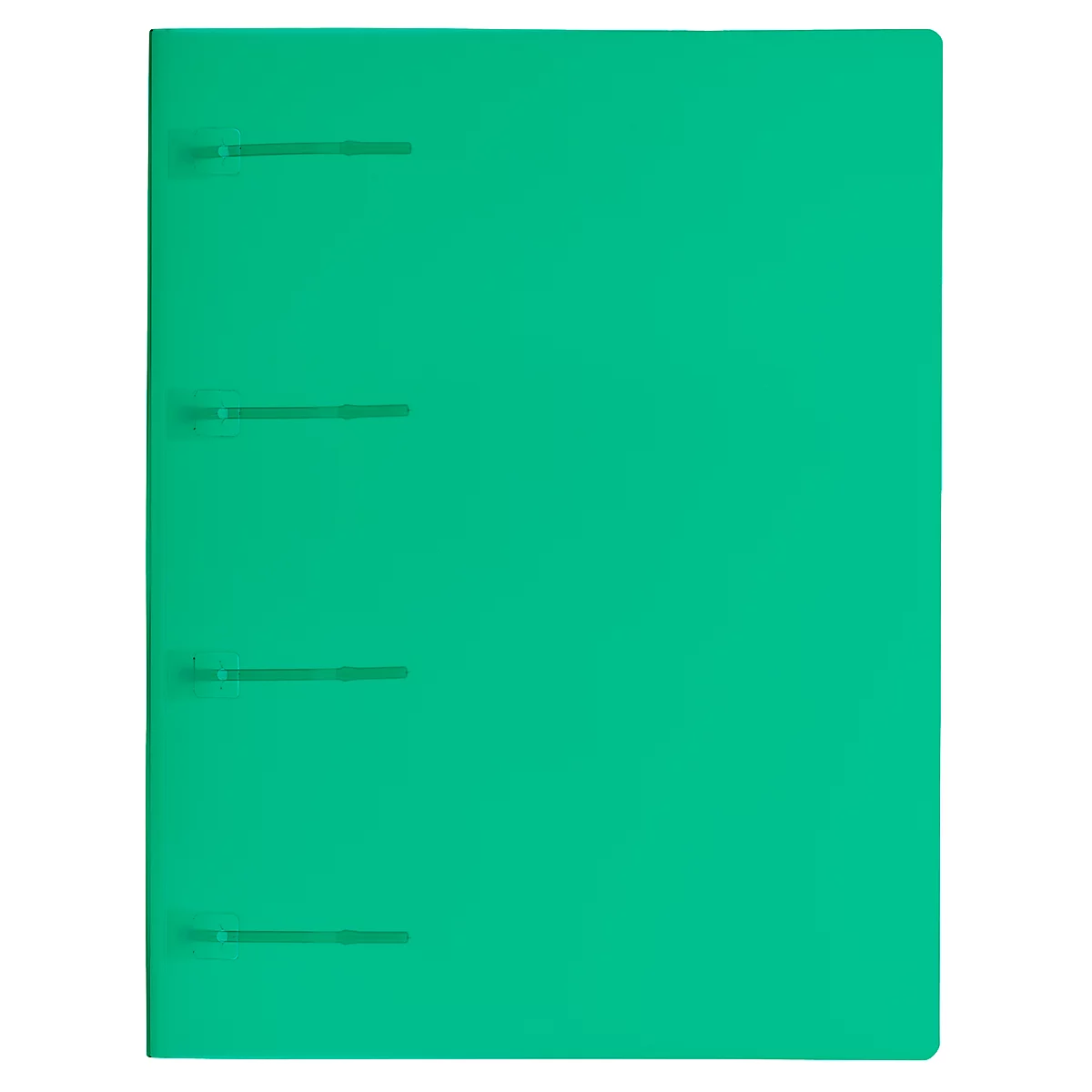 Green folder with 4 metal clasps on the left side, against a white background.