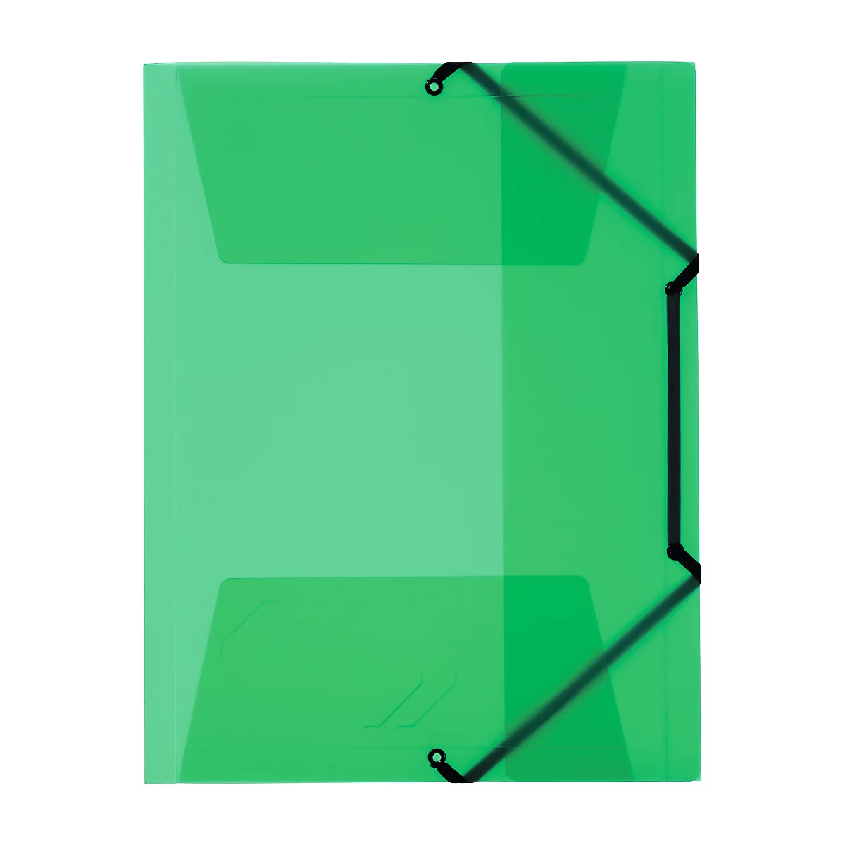 Green document folder with black elastic band closure. Vertical rubber bands crossing the folder.
