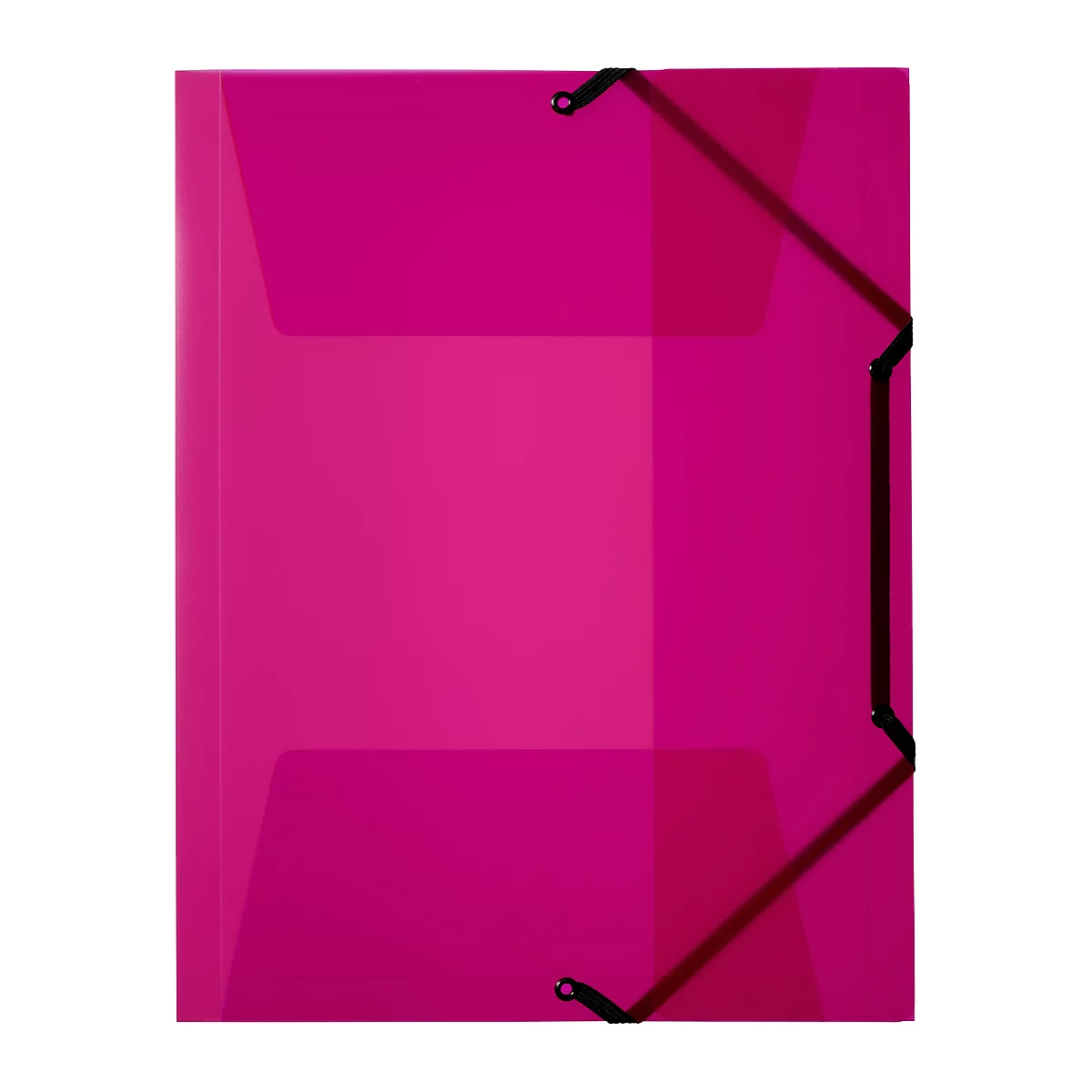 A pink document folder with a black elastic band closure.
