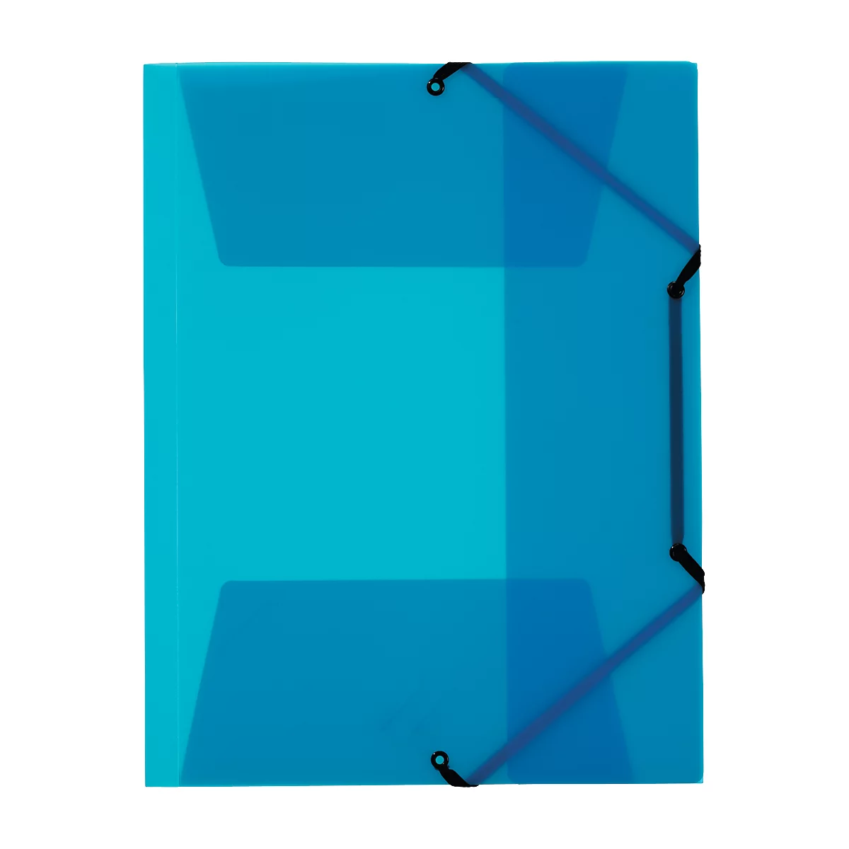 Turquoise folder with rubber bands.