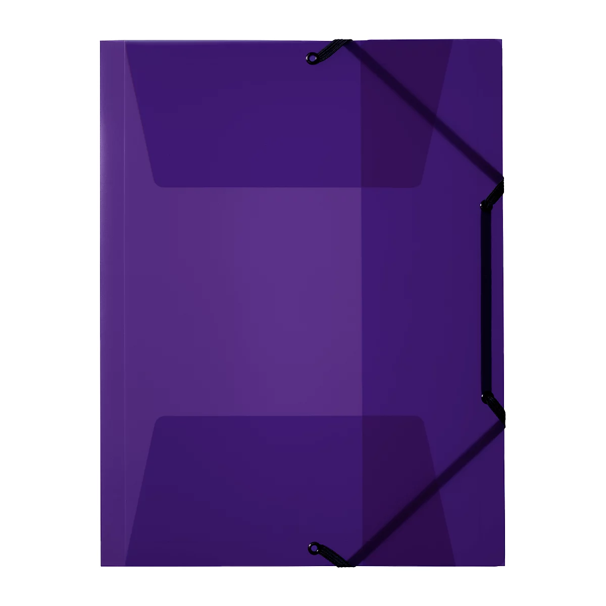 Purple folder with black elastic closure, portrait format. Translucent, with shadows.