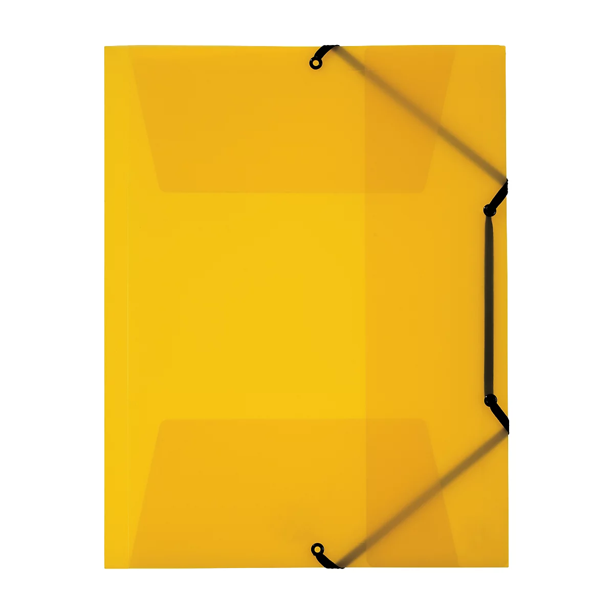 Yellow document folder with black elastic band closure.