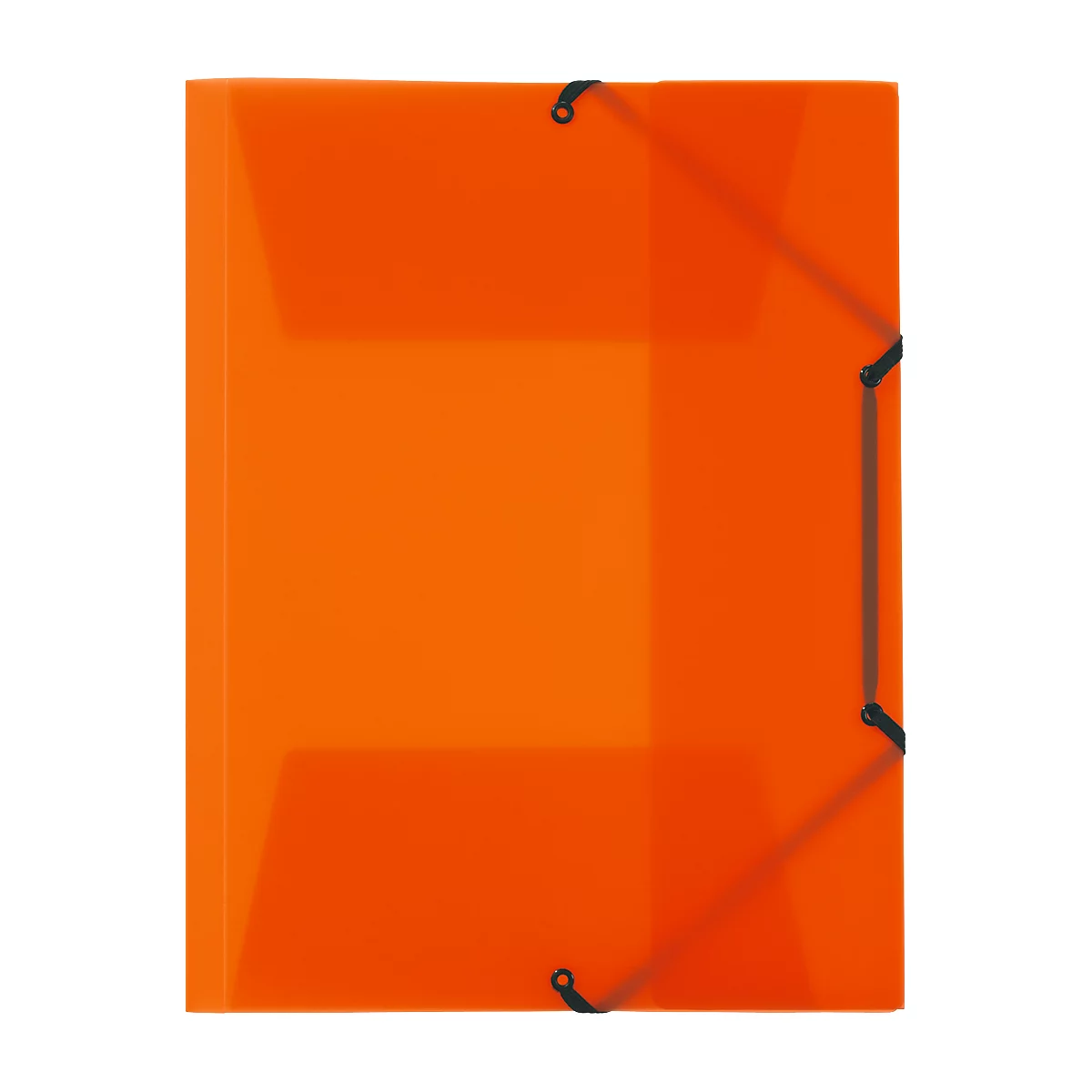 Eine orangefarbene Mappe, die mit schwarzen Gummibändern verschlossen ist.