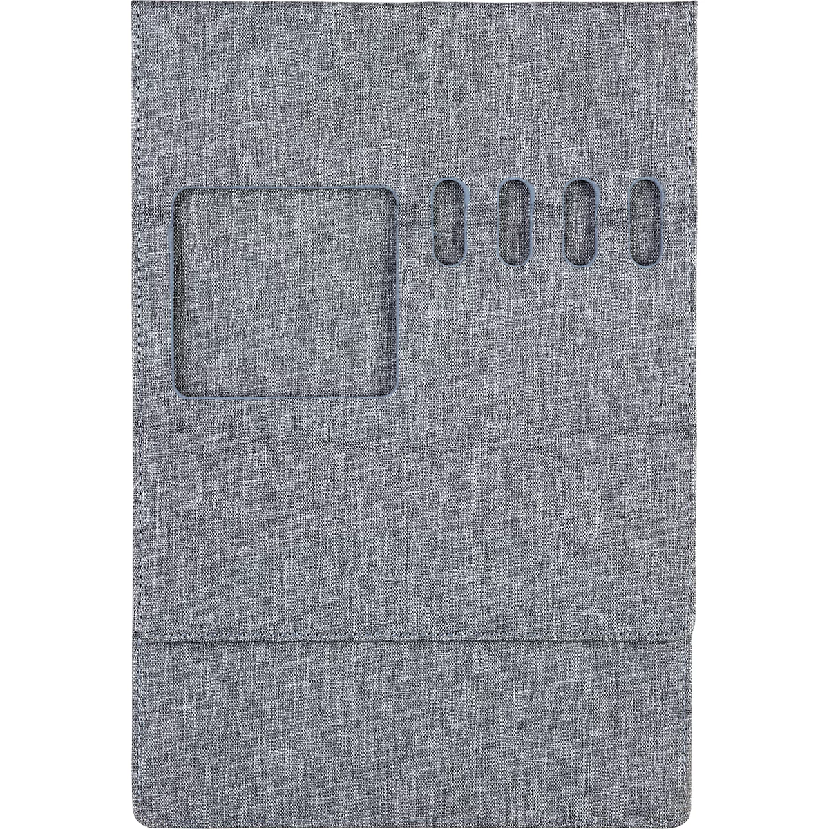 Gray tablet case with a rectangular cutout and four oblong openings. The fabric has a slightly textured surface.