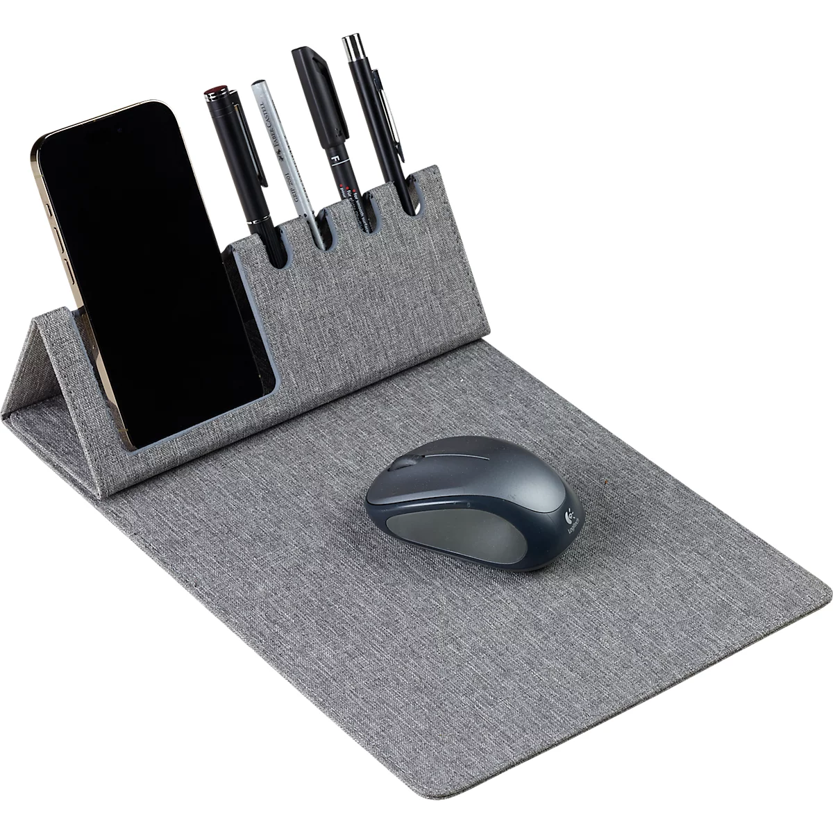 Grey desk set: phone holder, pen holder, mousepad, mouse.