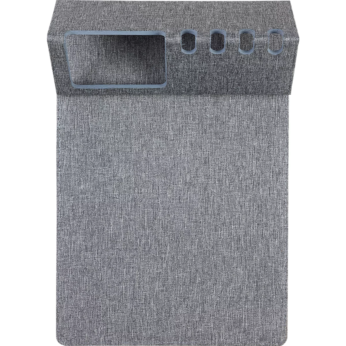 Gray mousepad with integrated storage and three round openings.