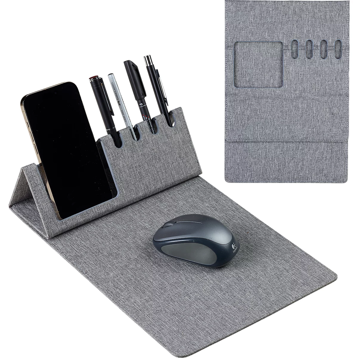 Gray desk set with phone, pen holder, mouse, notepad.