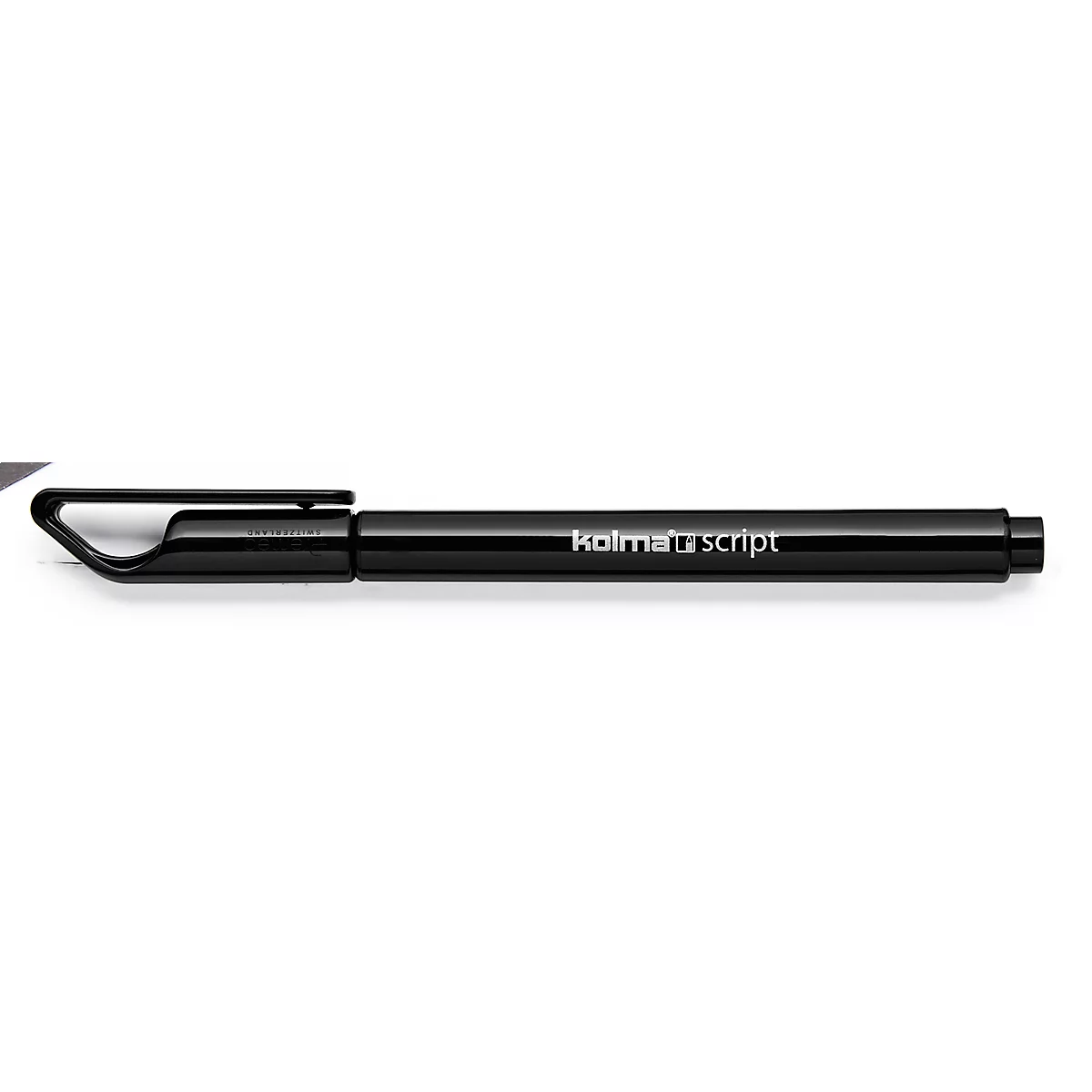 Black pen with silver lettering 'Kolma script'. The clip is angular.