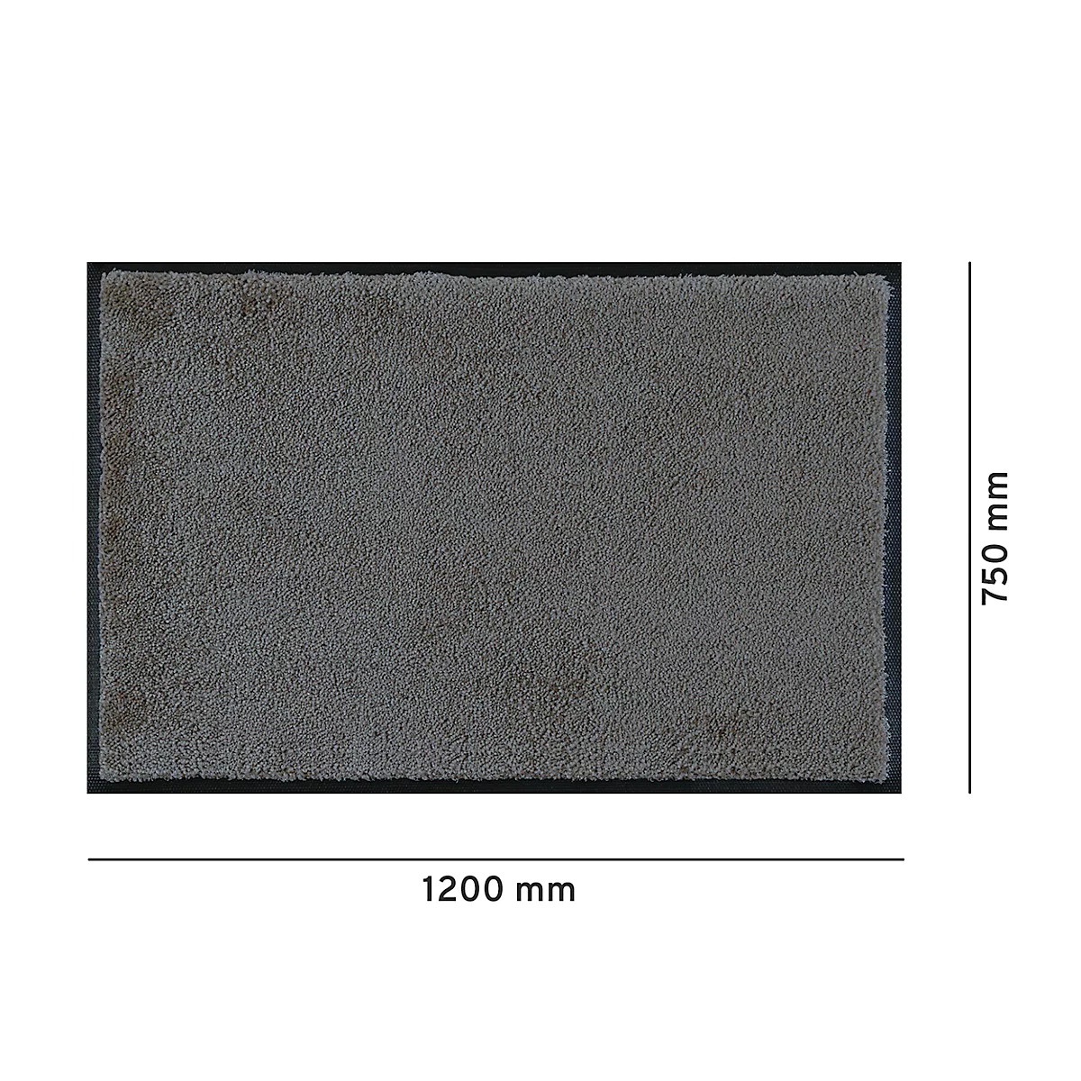 Graue Schmutzfangmatte mit schwarzem Rand. Maße: 1200 x 750 mm.