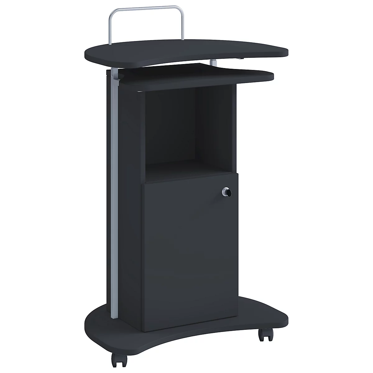 Dark gray presentation stand with shelves, cabinet and wheels. A handle is on top.