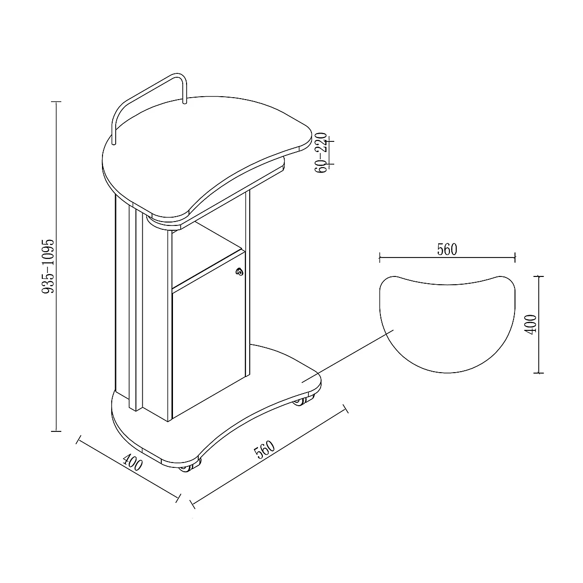 Standing desk with dimensions, top view of the work surface, with handle and castors. Shown on a white background.