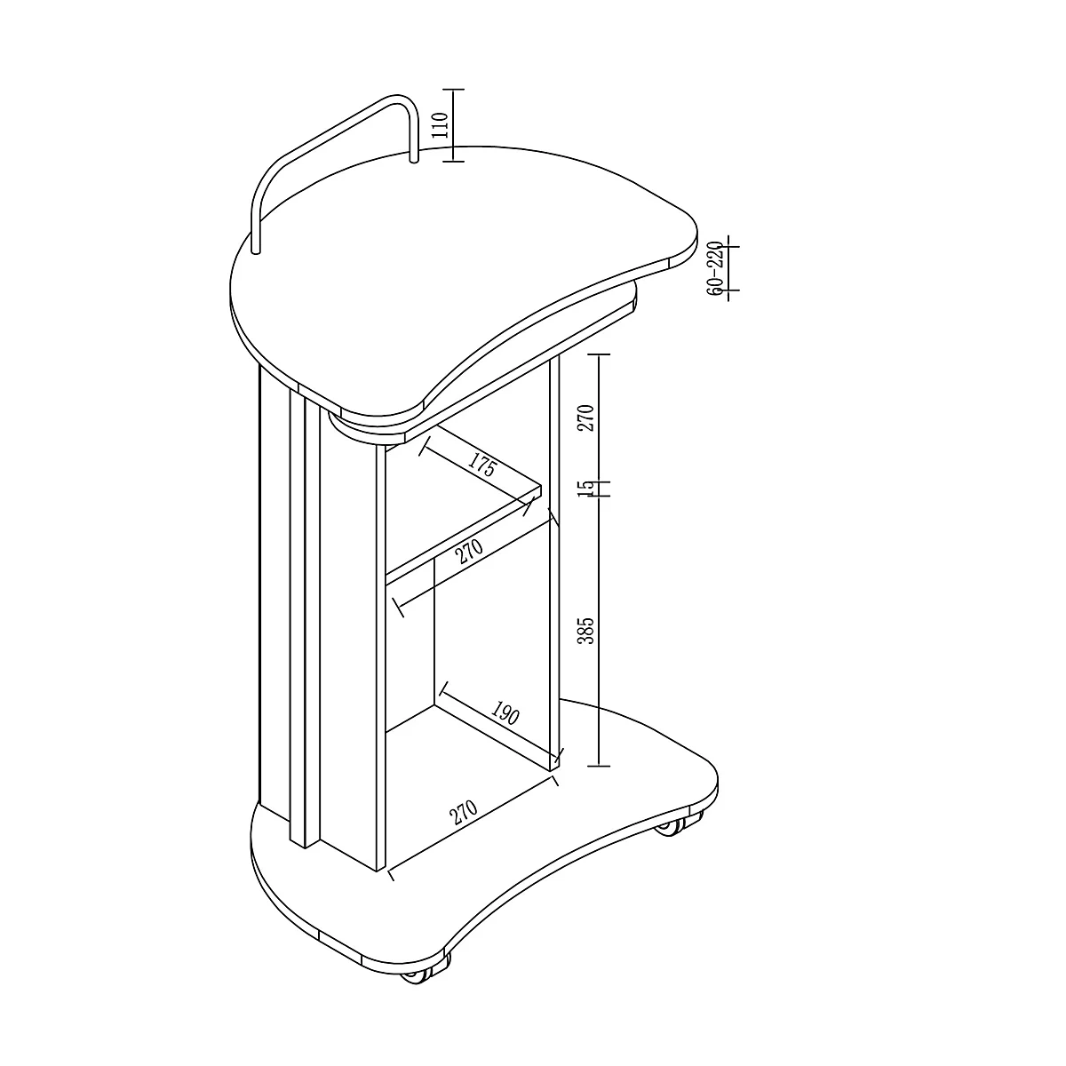 Engineering drawing of a lectern with dimensions. The lectern has a curved work surface, a shelf and castors.