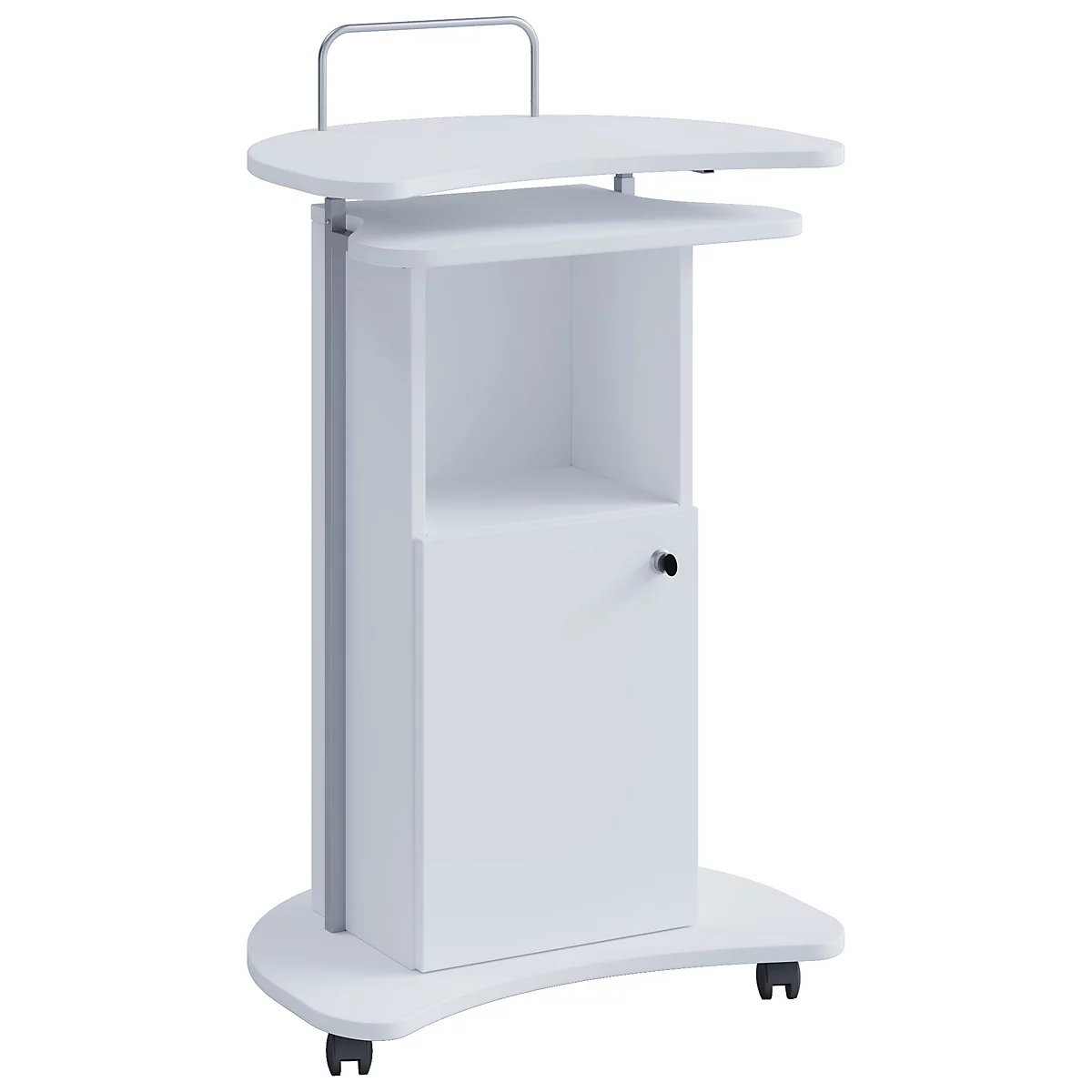 White, rolling laptop stand with shelves, a door, and a handle. Gray metal column.