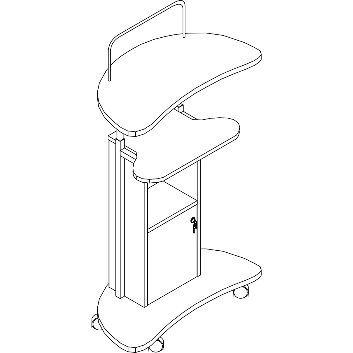 A white standing desk with castors, two work surfaces and a cabinet.