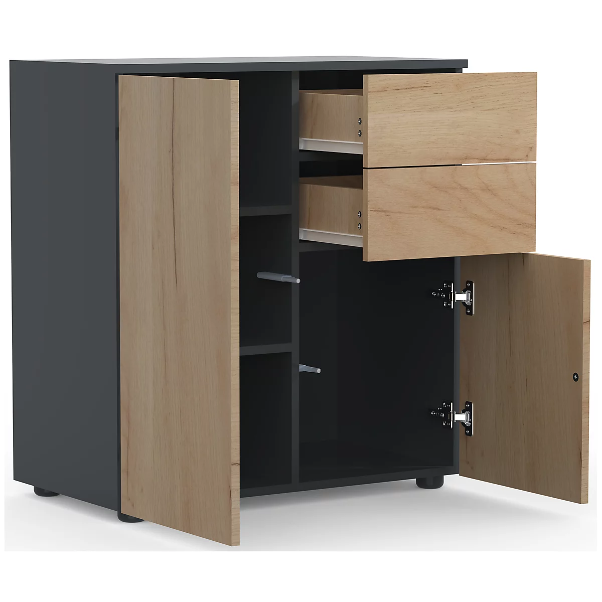 Kommode Dalosa, 4 Fächer & 2 Schübe, Tür, B 700 x T 390 x H 770 mm, Holz, anthrazit/Honig-Eiche