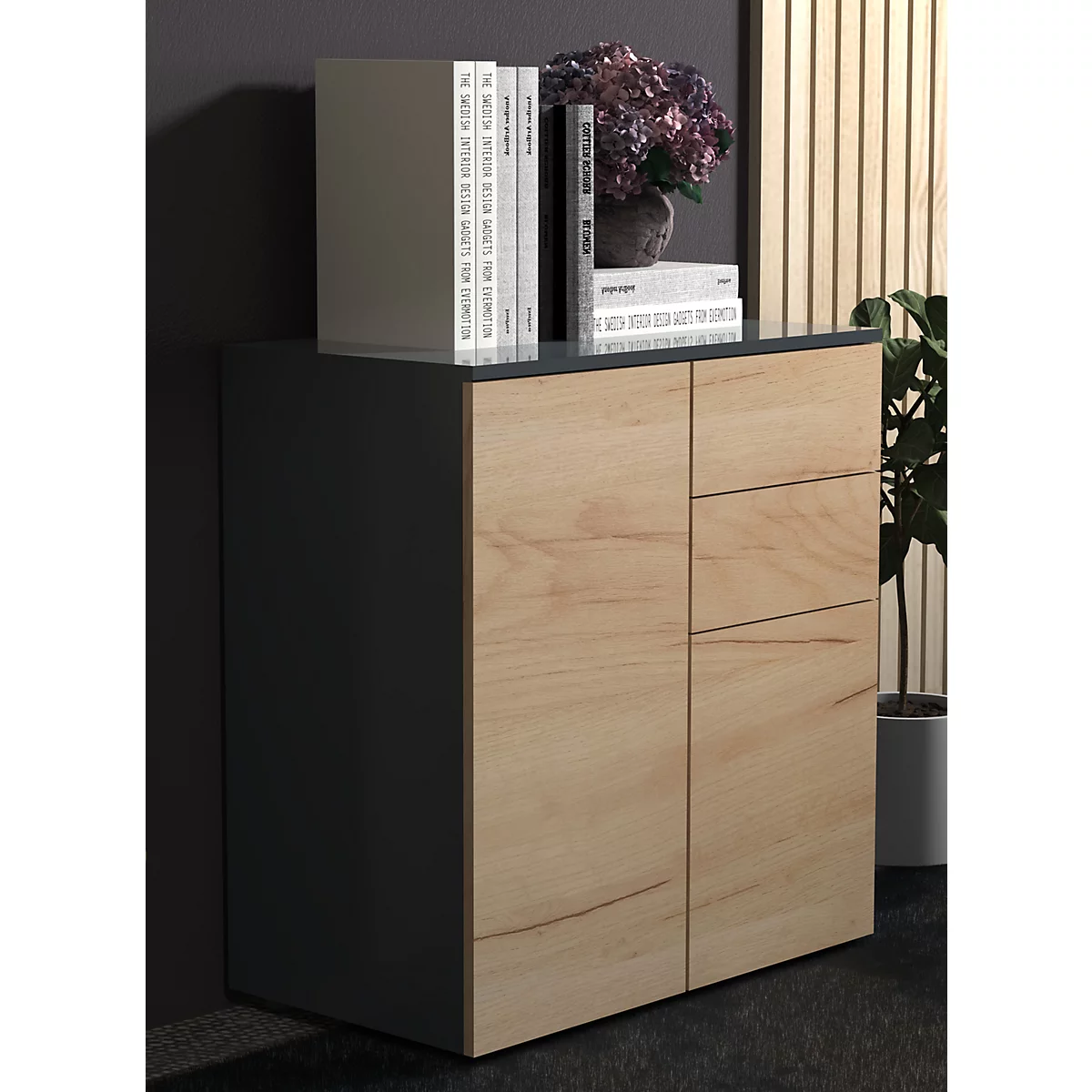 Kommode Dalosa, 4 Fächer & 2 Schübe, Tür, B 700 x T 390 x H 770 mm, Holz, anthrazit/Honig-Eiche