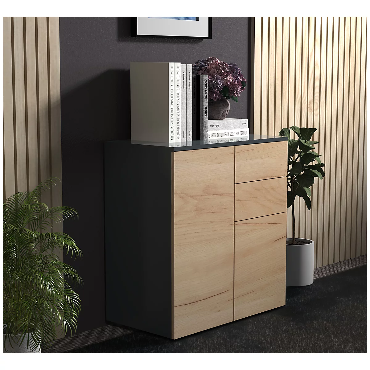 Kommode Dalosa, 4 Fächer & 2 Schübe, Tür, B 700 x T 390 x H 770 mm, Holz, anthrazit/Honig-Eiche