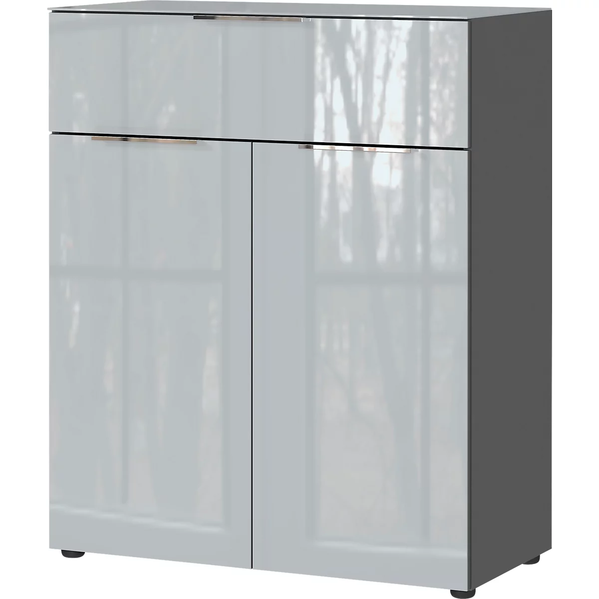 Kommode, mit 1 Schublade und 2 Türen, Glasfront- und auflage, B 830 x T 420 x H 1020 mm, graphit/silbergrau