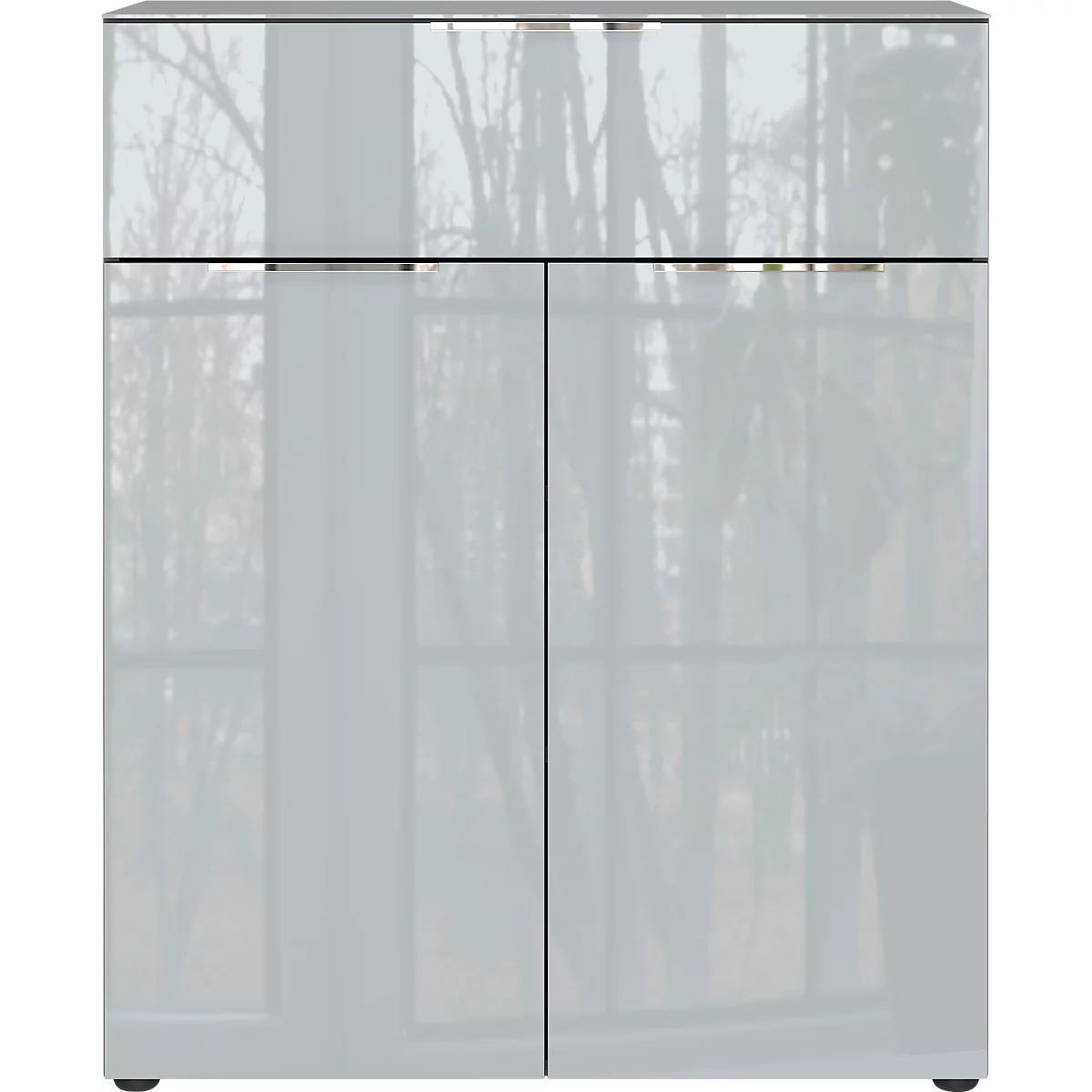 Kommode, mit 1 Schublade und 2 Türen, Glasfront- und auflage, B 830 x T 420 x H 1020 mm, graphit/silbergrau