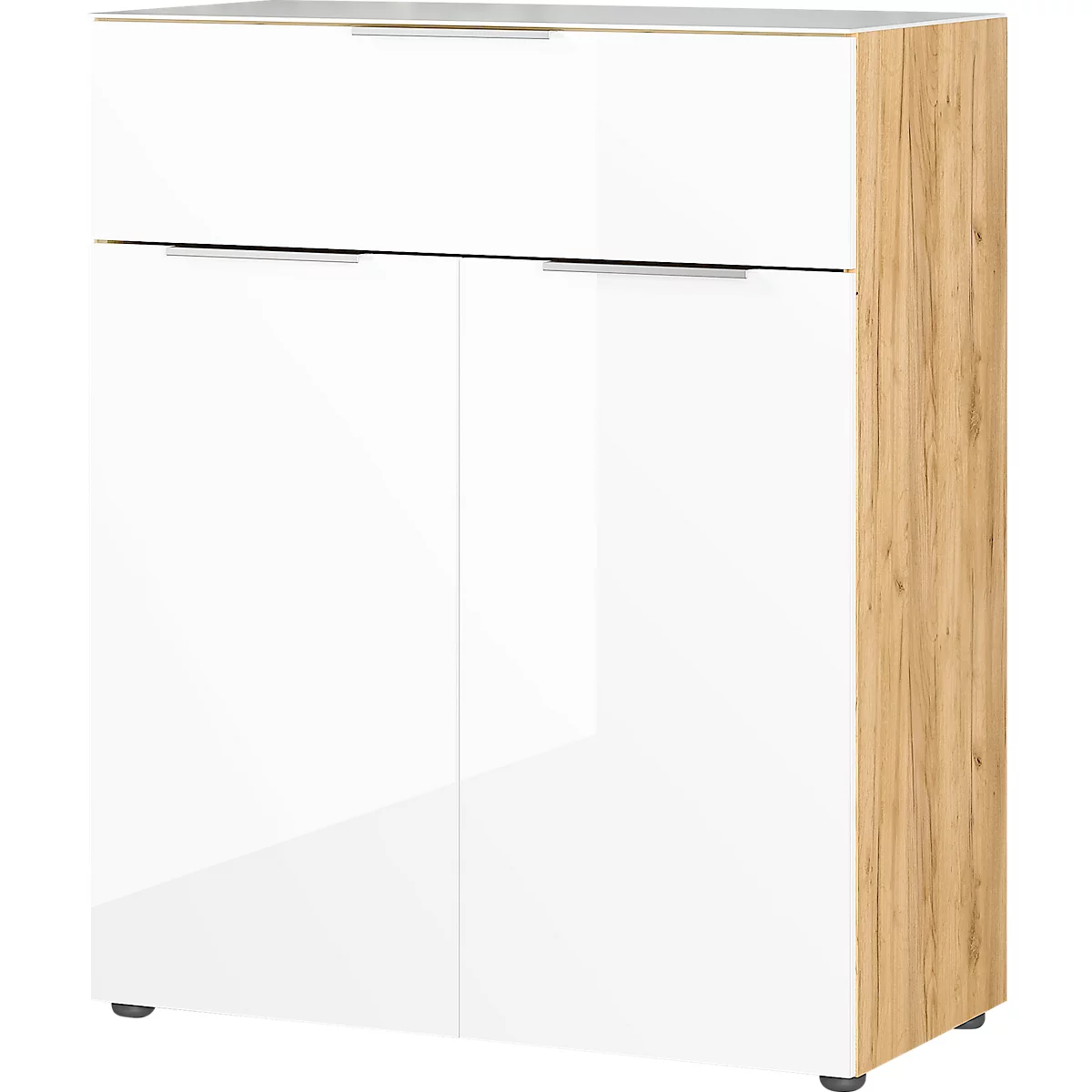 Kommode, mit 1 Schublade und 2 Türen, Glasfront- und auflage, B 830 x T 420 x H 1020 mm, Navarra-Eiche/Weiß