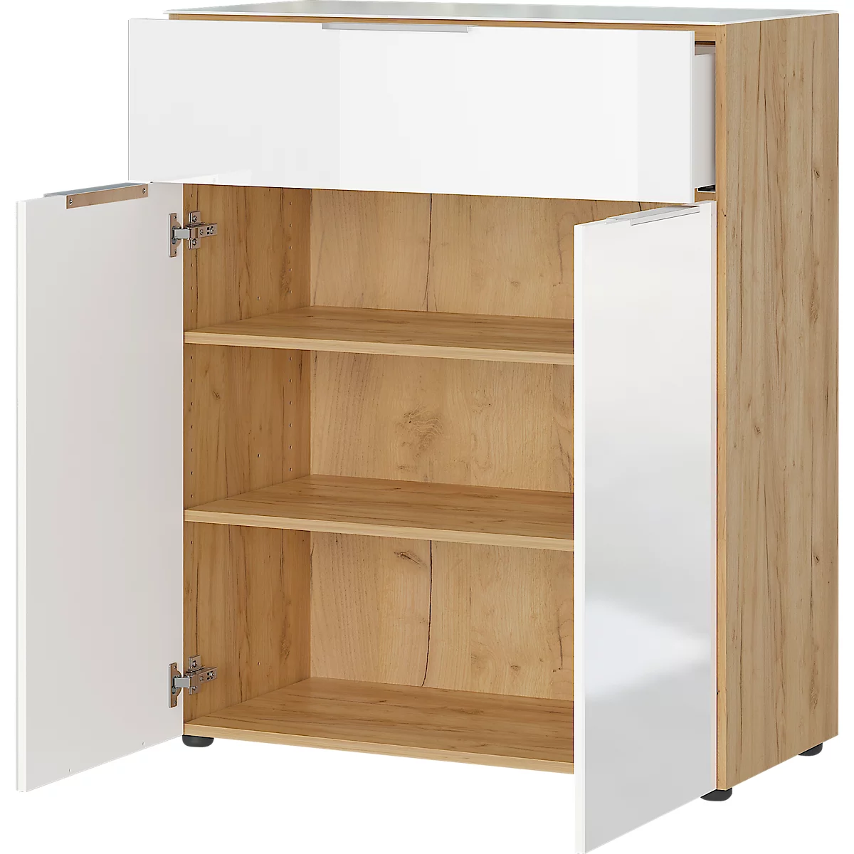 Kommode, mit 1 Schublade und 2 Türen, Glasfront- und auflage, B 830 x T 420 x H 1020 mm, Navarra-Eiche/Weiß