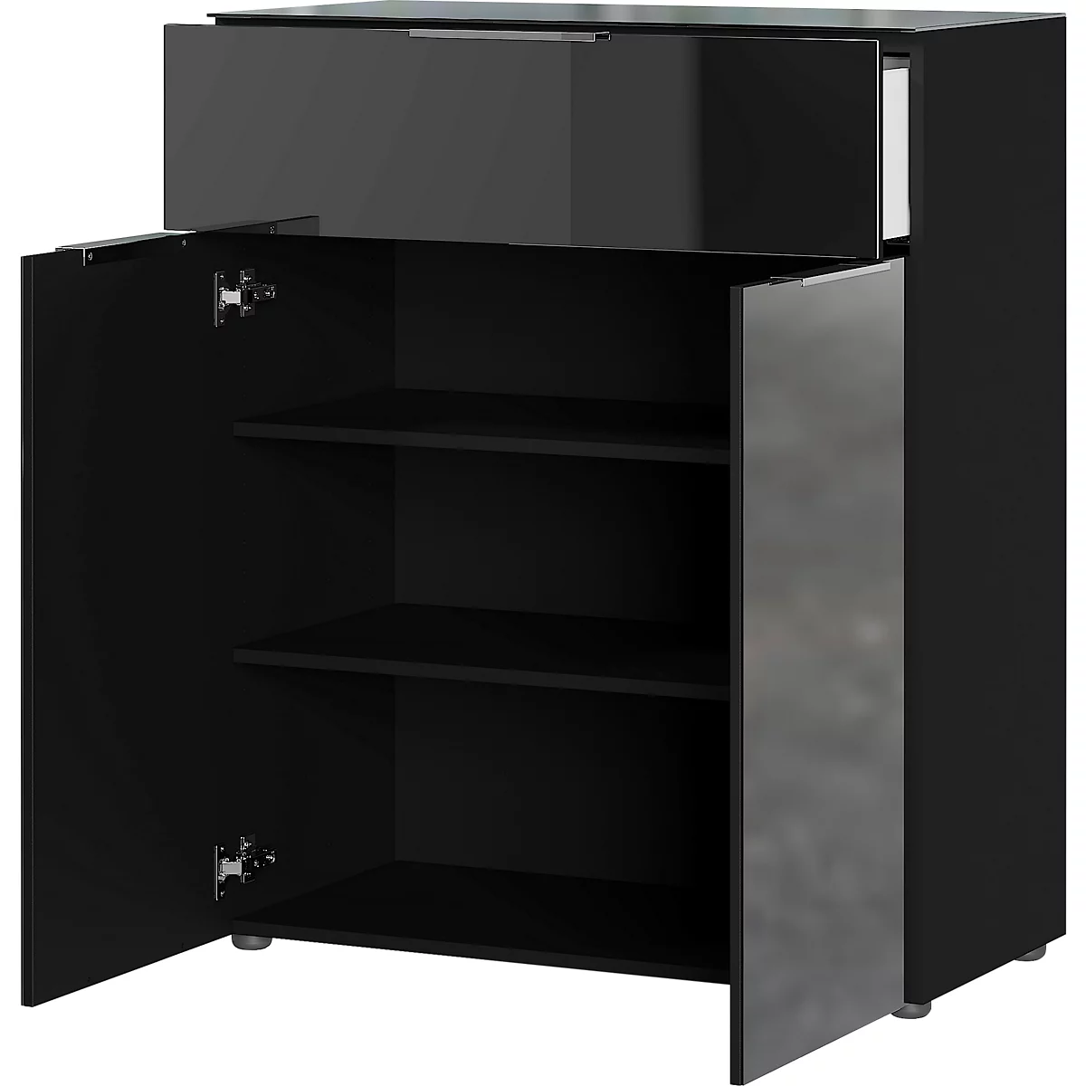 Kommode, mit 1 Schublade und 2 Türen, Glasfront- und auflage, B 830 x T 420 x H 1020 mm, schwarz