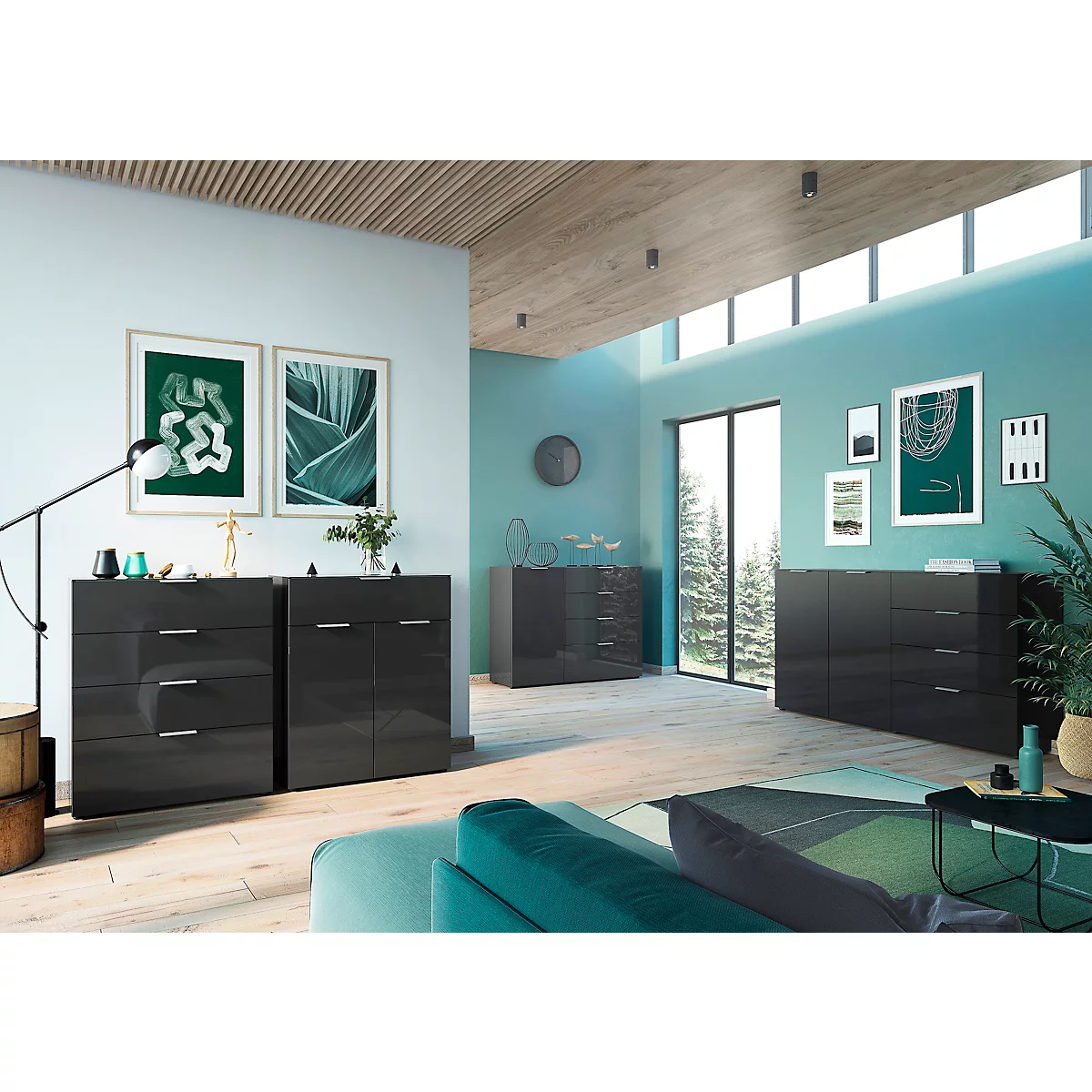 Kommode, mit 1 Schublade und 2 Türen, Glasfront- und auflage, B 830 x T 420 x H 1020 mm, schwarz