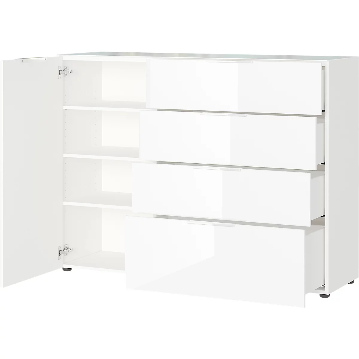 Kommode, mit 1 Schublade und 2 Türen, Glasfront- und auflage, B 830 x T 420 x H 1020 mm, weiß