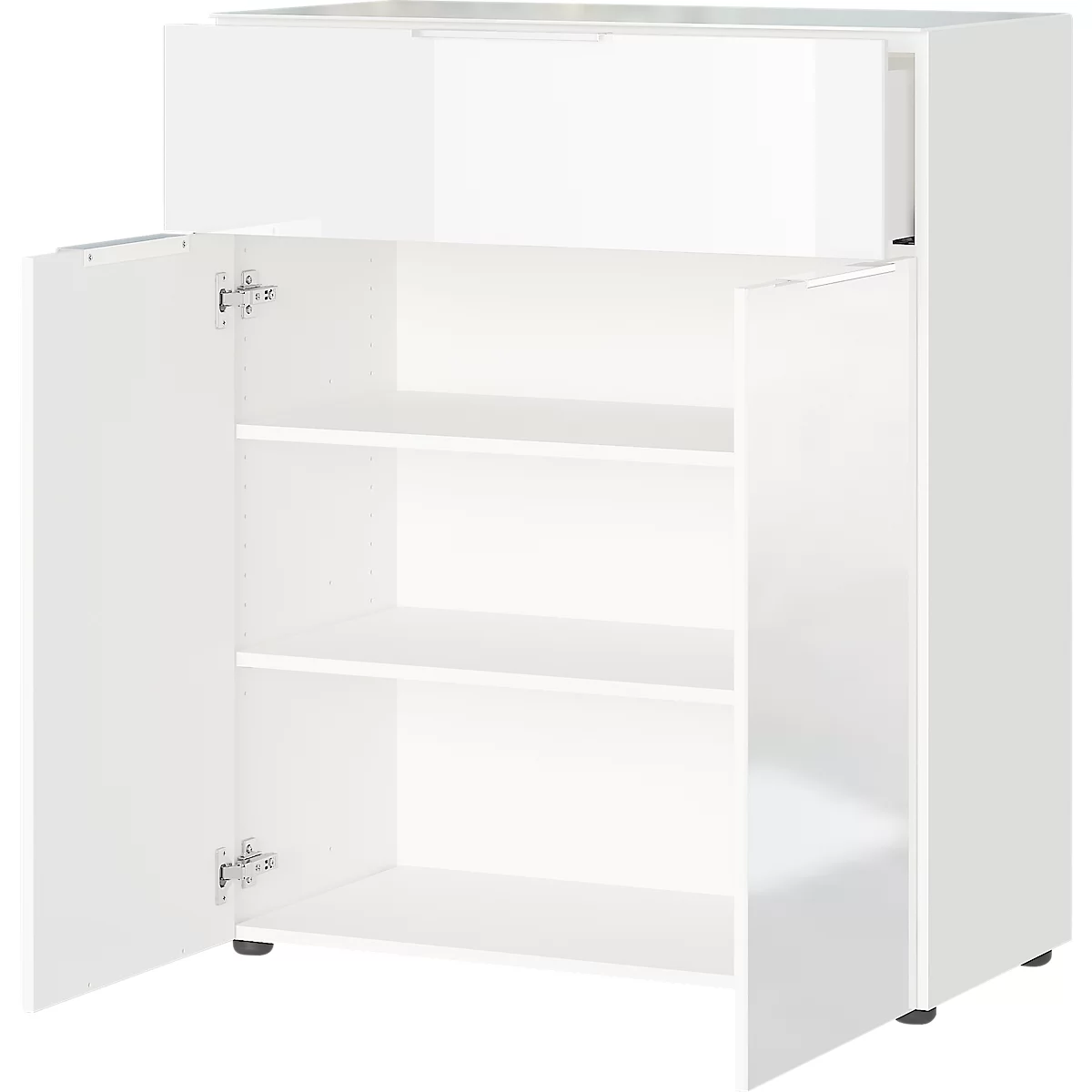 Kommode, mit 1 Schublade und 2 Türen, Glasfront- und auflage, B 830 x T 420 x H 1020 mm, weiß