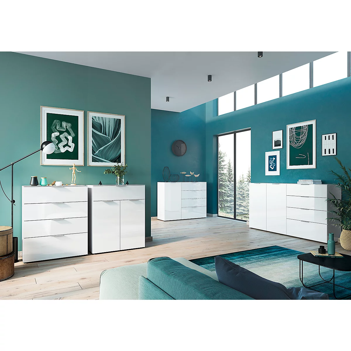Kommode, mit 1 Schublade und 2 Türen, Glasfront- und auflage, B 830 x T 420 x H 1020 mm, weiß