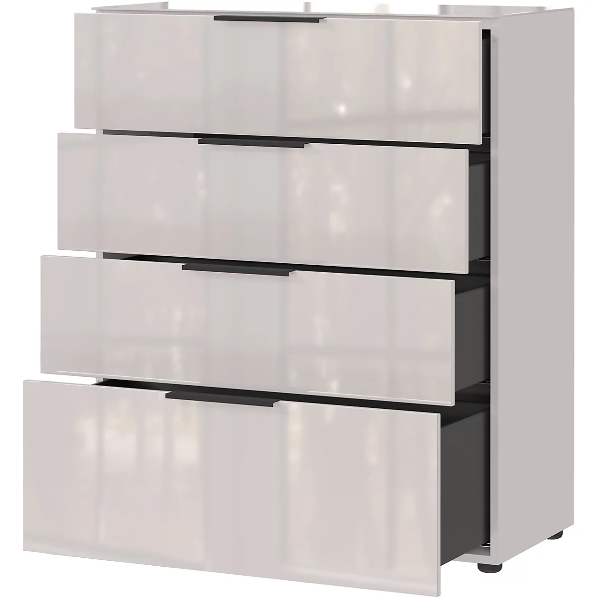 Ein weisser Schrank mit vier Schubladen, eine davon geöffnet.