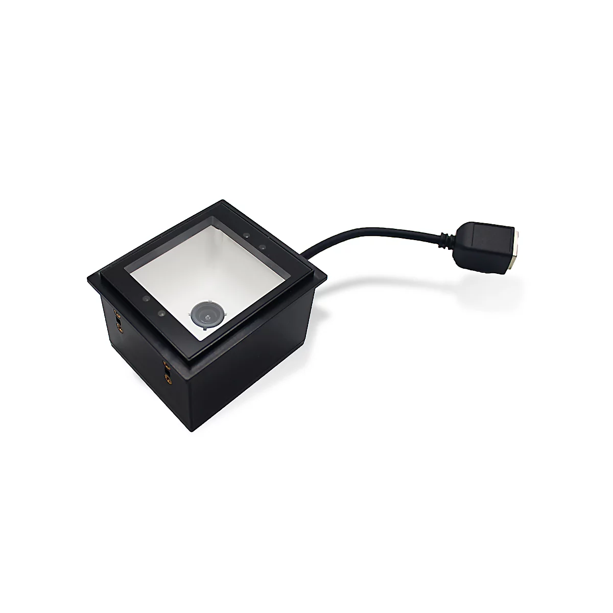 Schwarzer Barcode-Scanner mit quadratischer Form und einem angeschlossenen Kabel.