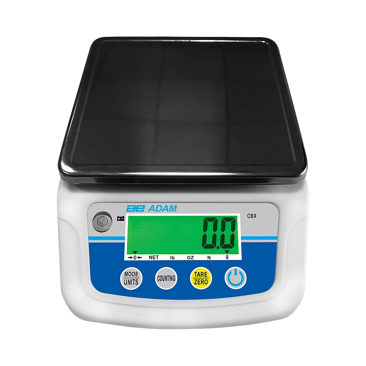 Kompaktwaage Adam CBX 1201, Wägebereich 0,1 g-1,2 kg, tragbar, USB, LC-Display, Netzanschluss/Akku, B 155 x T 255 x H 60 mm, ABS/Edelstahl, grau