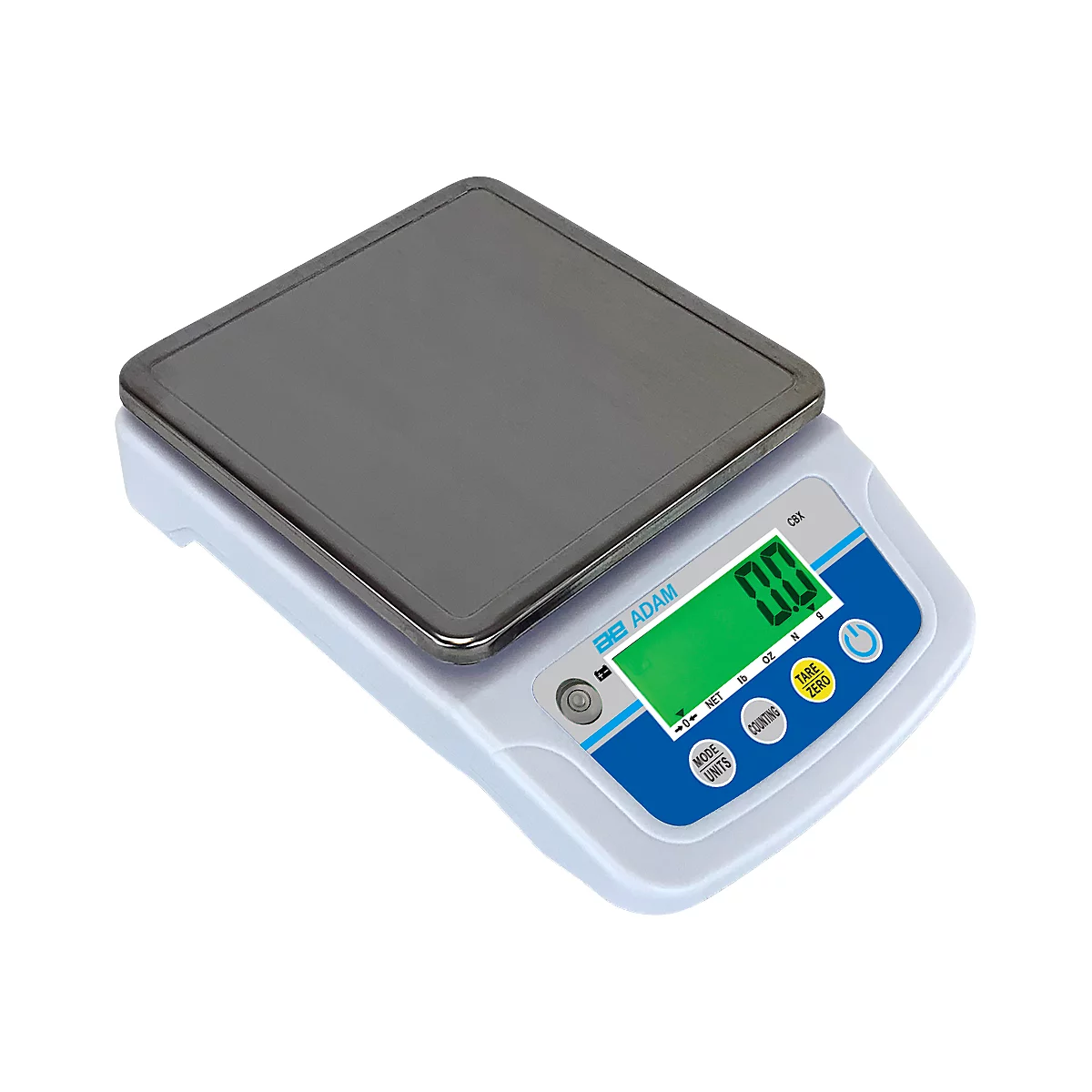 Kompaktwaage Adam CBX 1201, Wägebereich 0,1 g-1,2 kg, tragbar, USB, LC-Display, Netzanschluss/Akku, B 155 x T 255 x H 60 mm, ABS/Edelstahl, grau