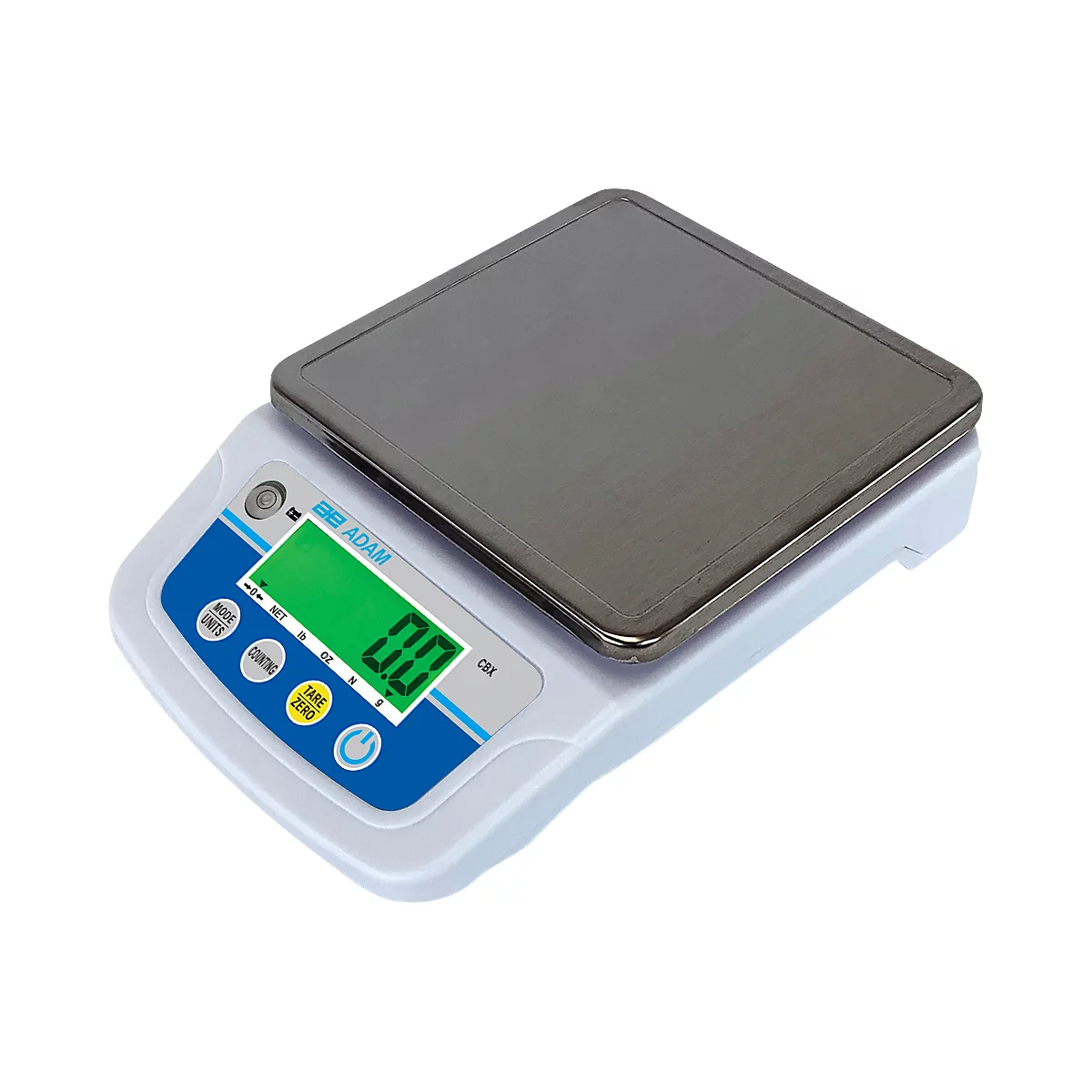 Kompaktwaage Adam CBX 1201, Wägebereich 0,1 g-1,2 kg, tragbar, USB, LC-Display, Netzanschluss/Akku, B 155 x T 255 x H 60 mm, ABS/Edelstahl, grau