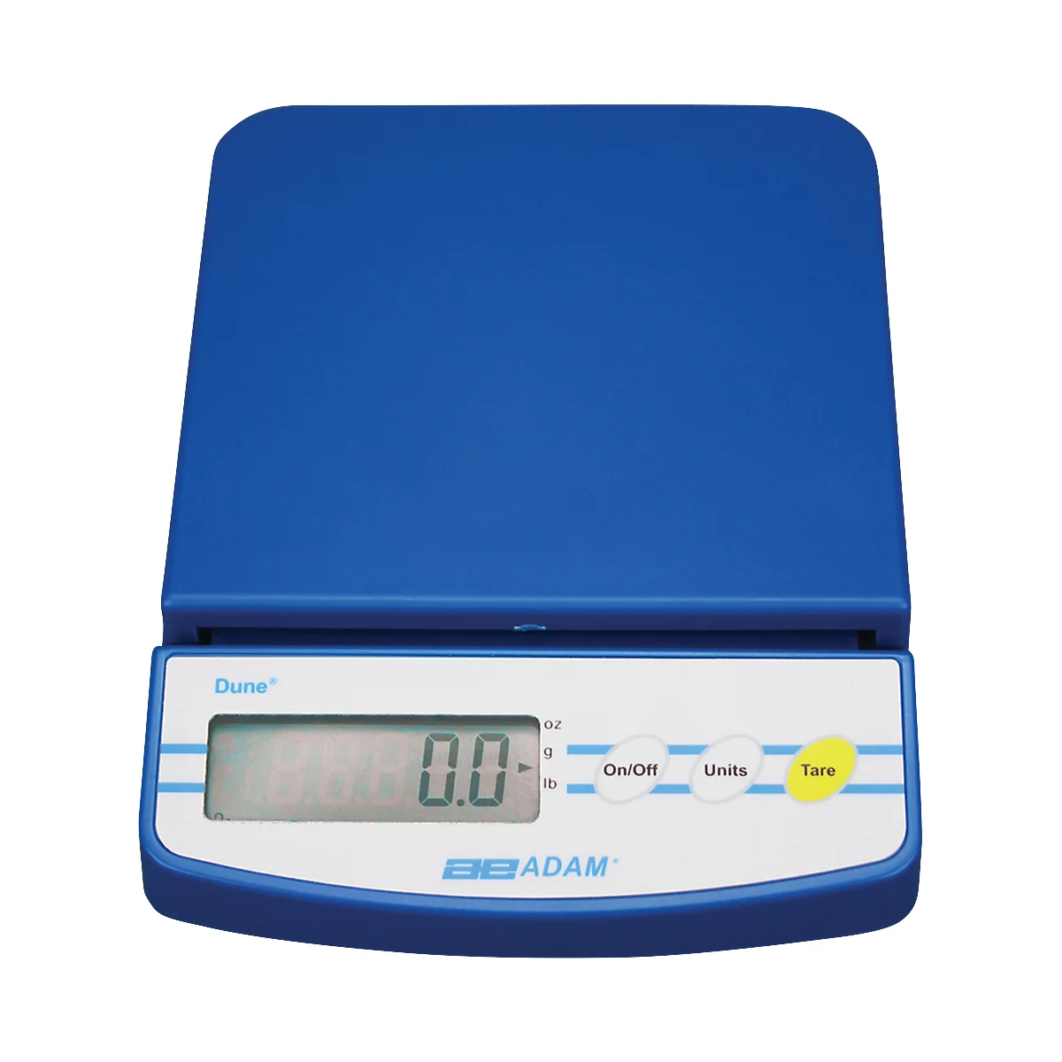 Blaue Digitalwaage mit Anzeige 0,0. Aufschrift Dune, On/Off, Units, Tare und Adam.