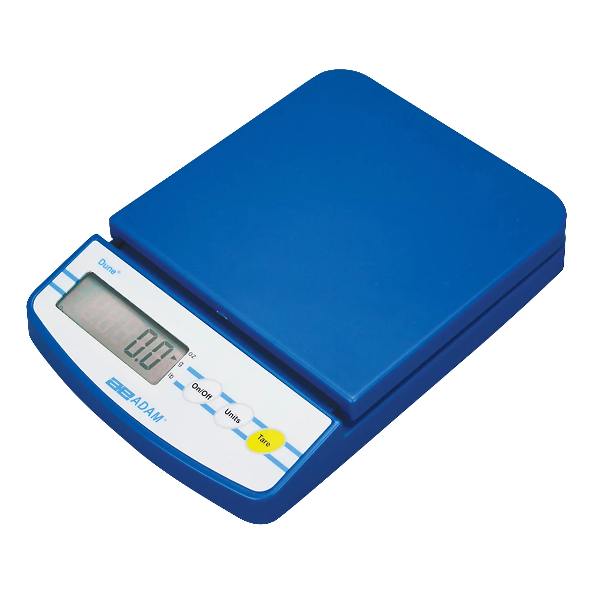 Blaue digitale Waage mit Anzeige 0.0. Aufschrift ADAM. Knöpfe: On/Off, Units, Tara.