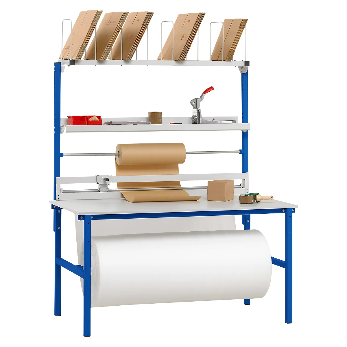 Komplett-Packtisch ROCHOLZ I, inkl. Abrollvorrichtung und Schneidsystem, Arbeitsplatte B 1600 x T 800 mm, bis 100 kg